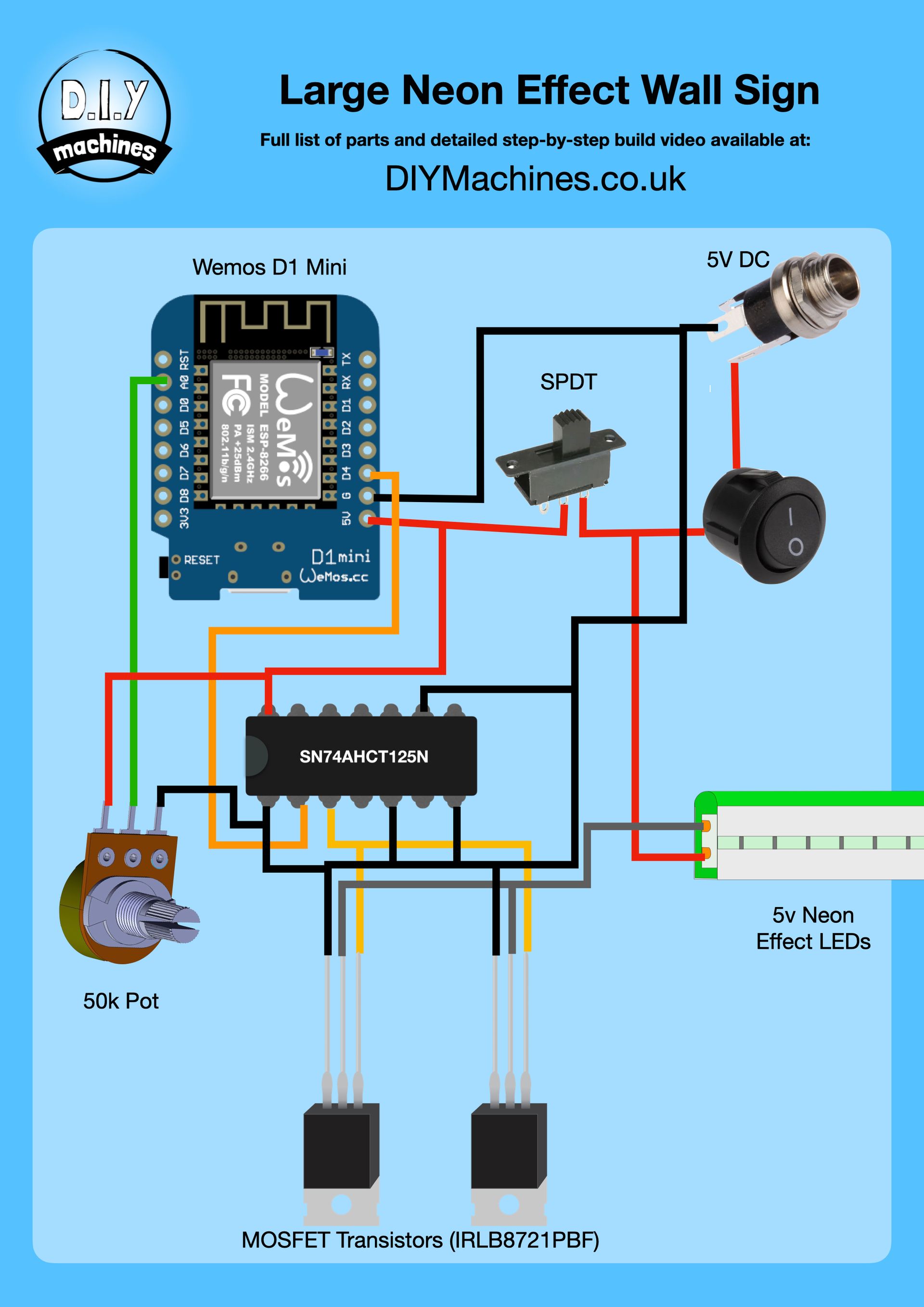 Circuit diagram for a DIY neon effect wall sign showing an ESP8266 controller, MOSFETs, power jack, switch, and LED strip.