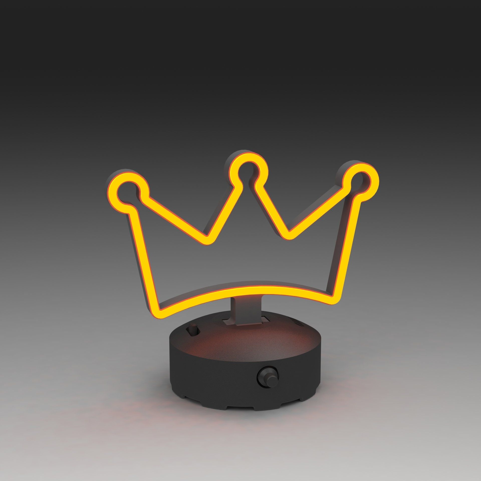 A glowing yellow neon-style crown light fixture mounted on a small, round black base against a grey background.