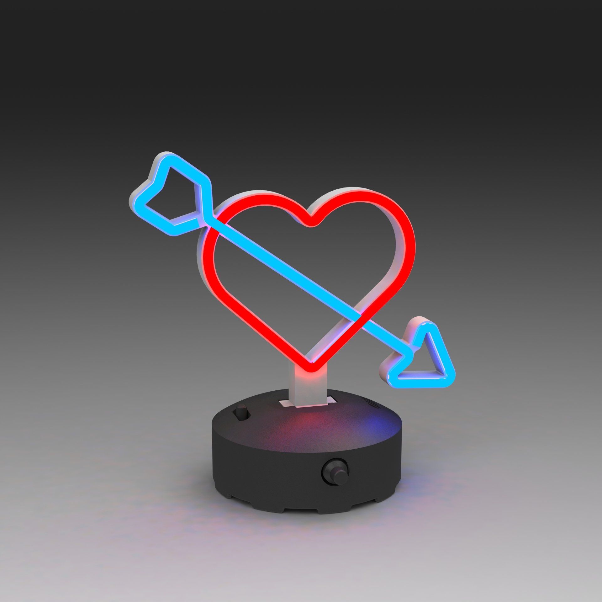 A red heart-shaped neon light pierced by a blue arrow, mounted on a black circular base against a gray background.
