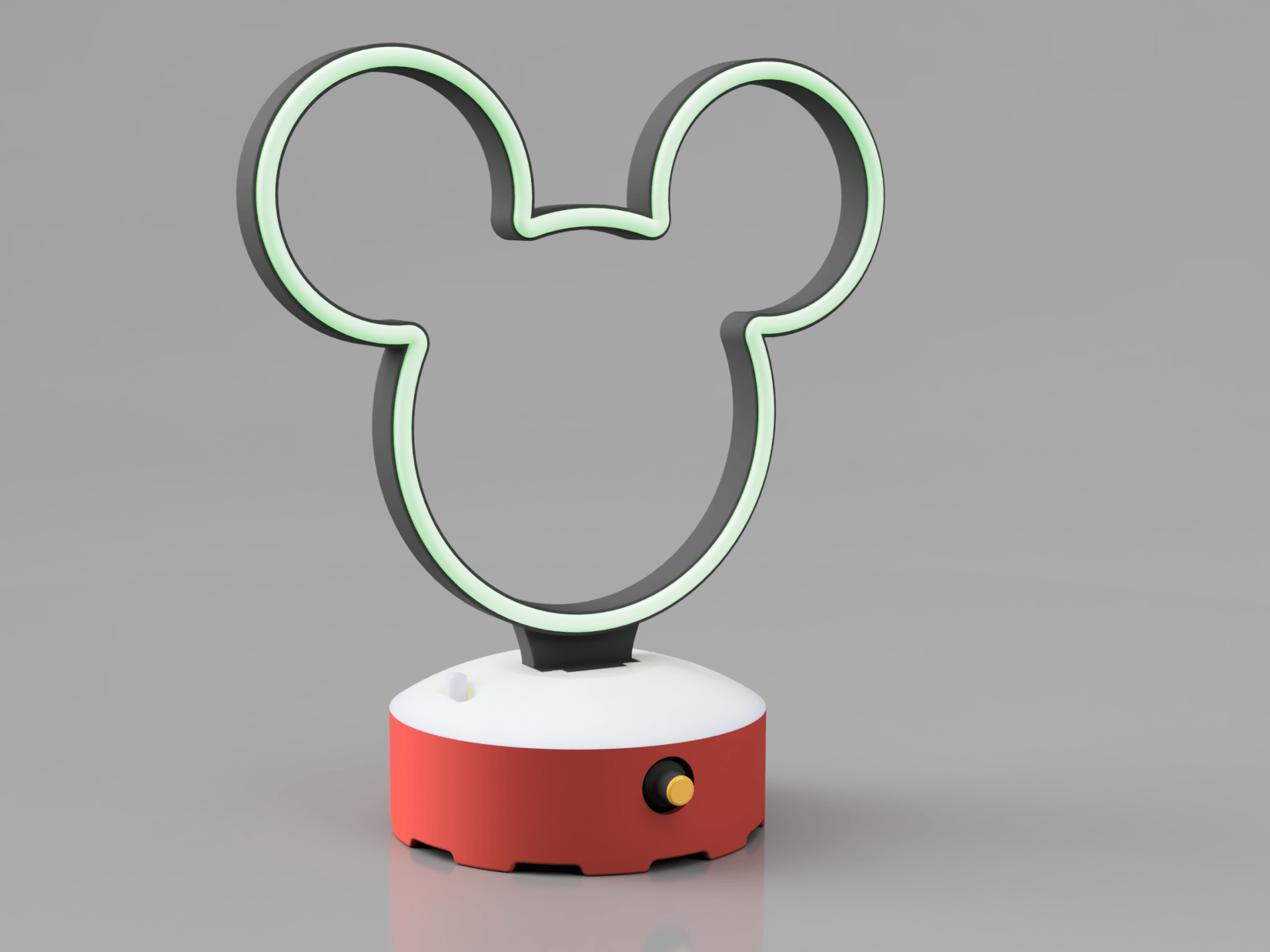 A Mickey Mouse-shaped neon light fixture with a glowing green outline, mounted on a red and white circular base.