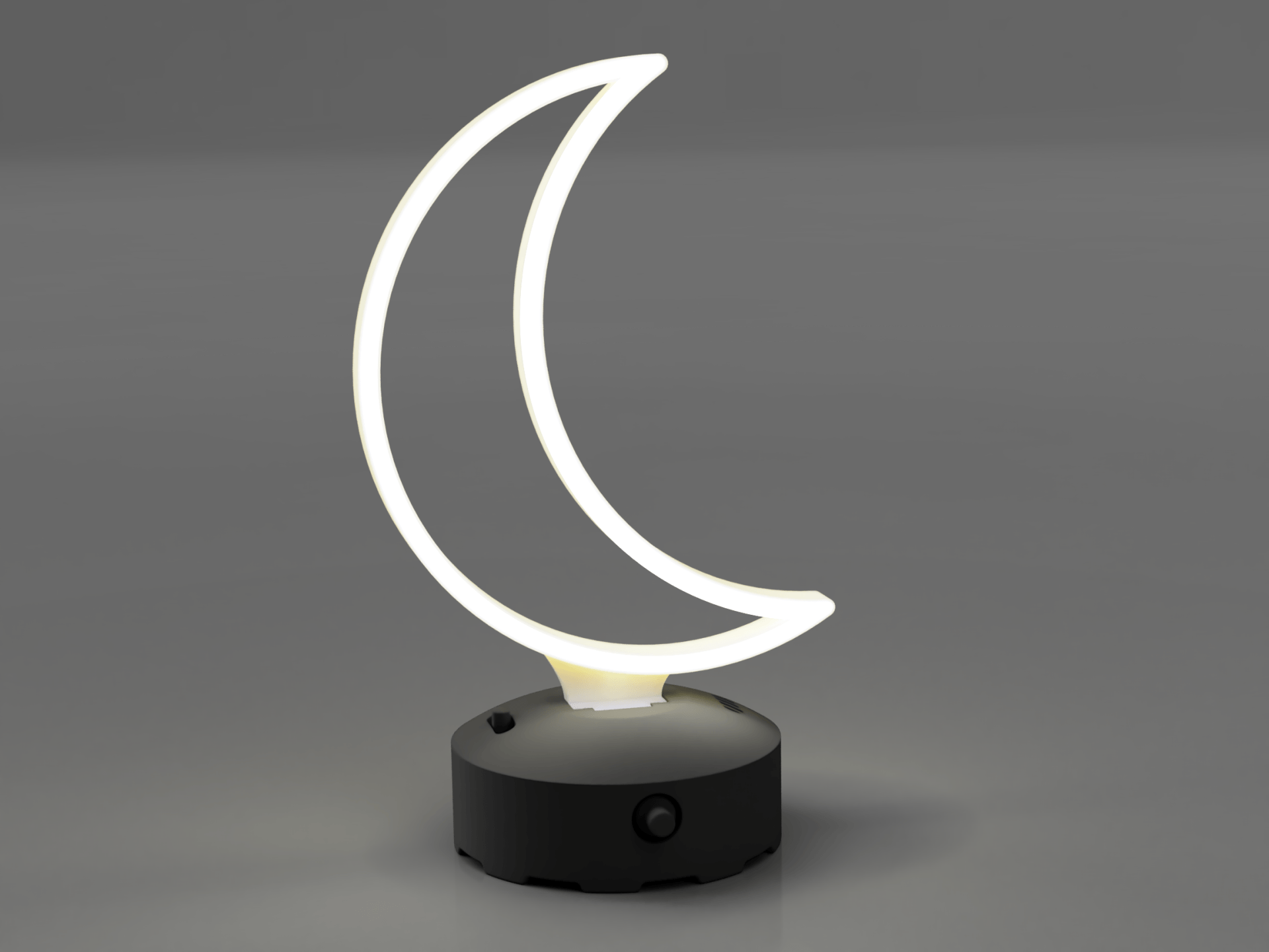 A glowing, white crescent moon-shaped LED neon lamp mounted on a small, round black base against a gray background.