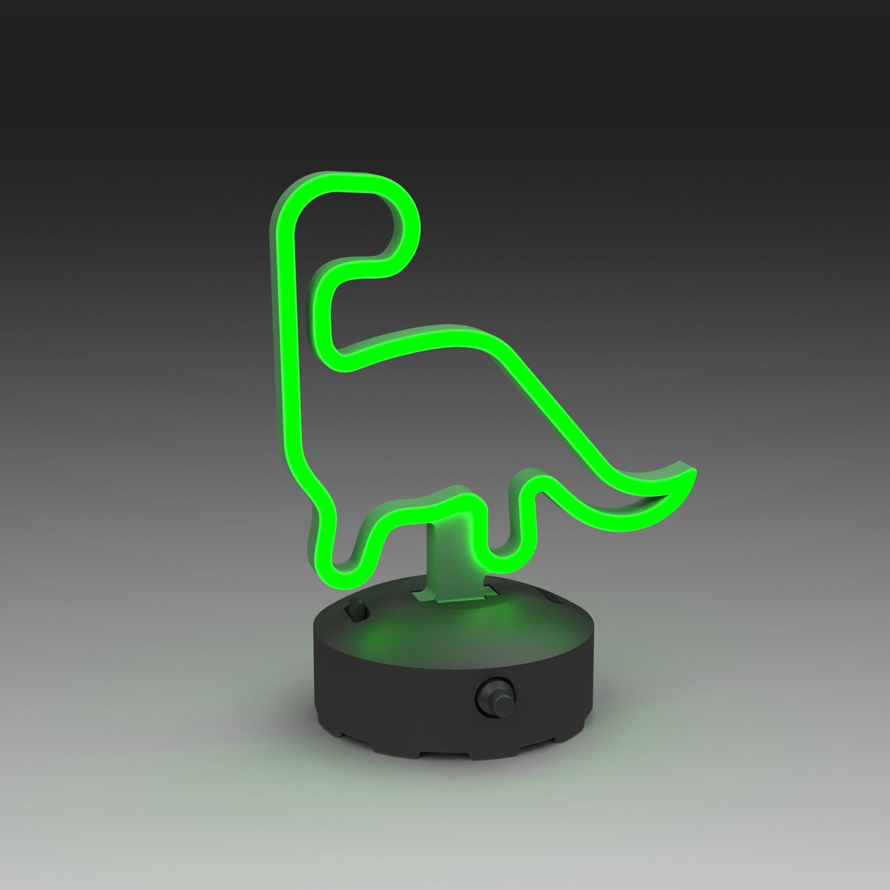 A glowing neon green dinosaur-shaped desk lamp with a black circular base on a grey background.