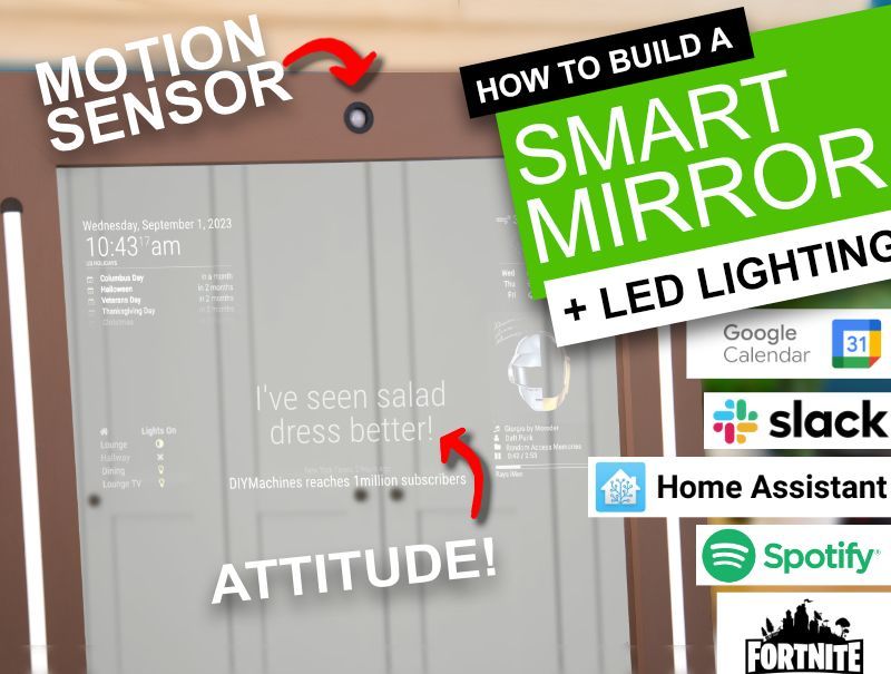 A smart mirror tutorial overlay showing a motion sensor, custom text, and icons for Google Calendar, Slack, and Spotify.