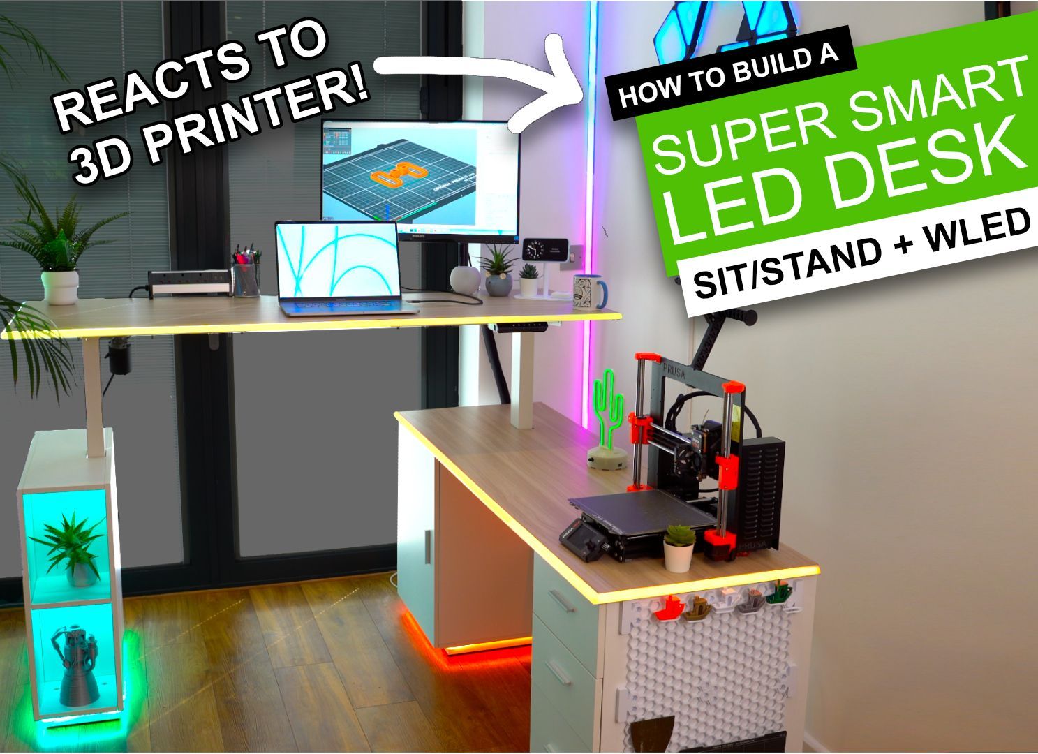 A L-shaped smart desk with integrated LED lighting, a 3D printer, and computer monitors in a home office setup.