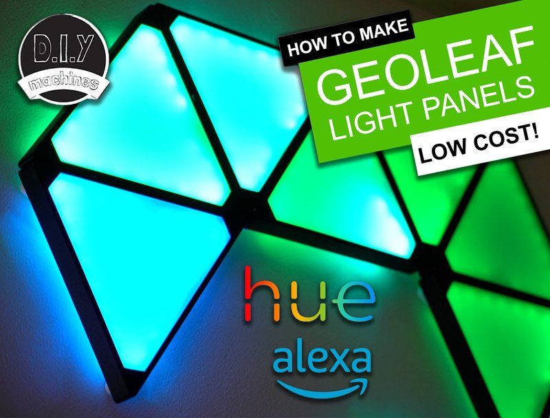 A DIY tutorial thumbnail for geometric, triangular LED light panels in blue and green, featuring Hue and Alexa branding.