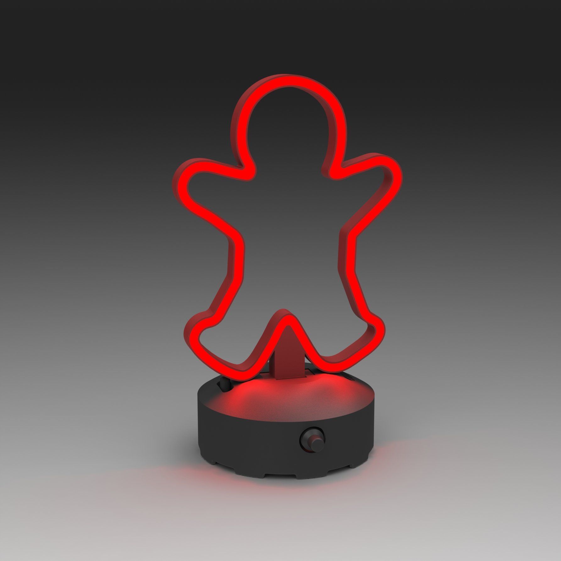 A glowing red neon-style gingerbread man lamp mounted on a circular black base against a gray background.