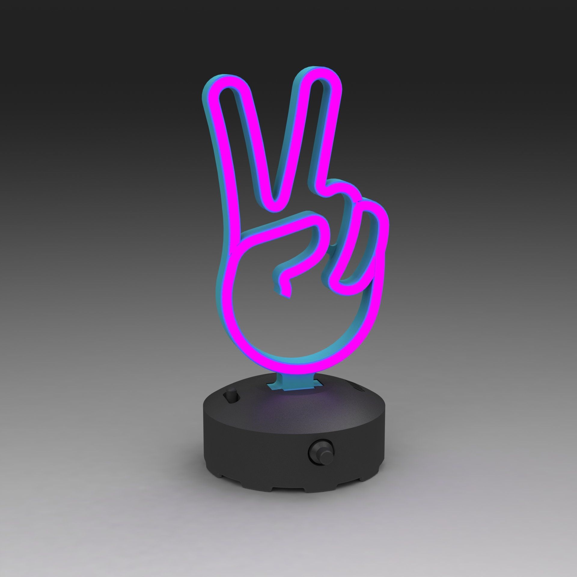 A pink and blue neon-style peace sign icon standing on a black circular base against a gray background.