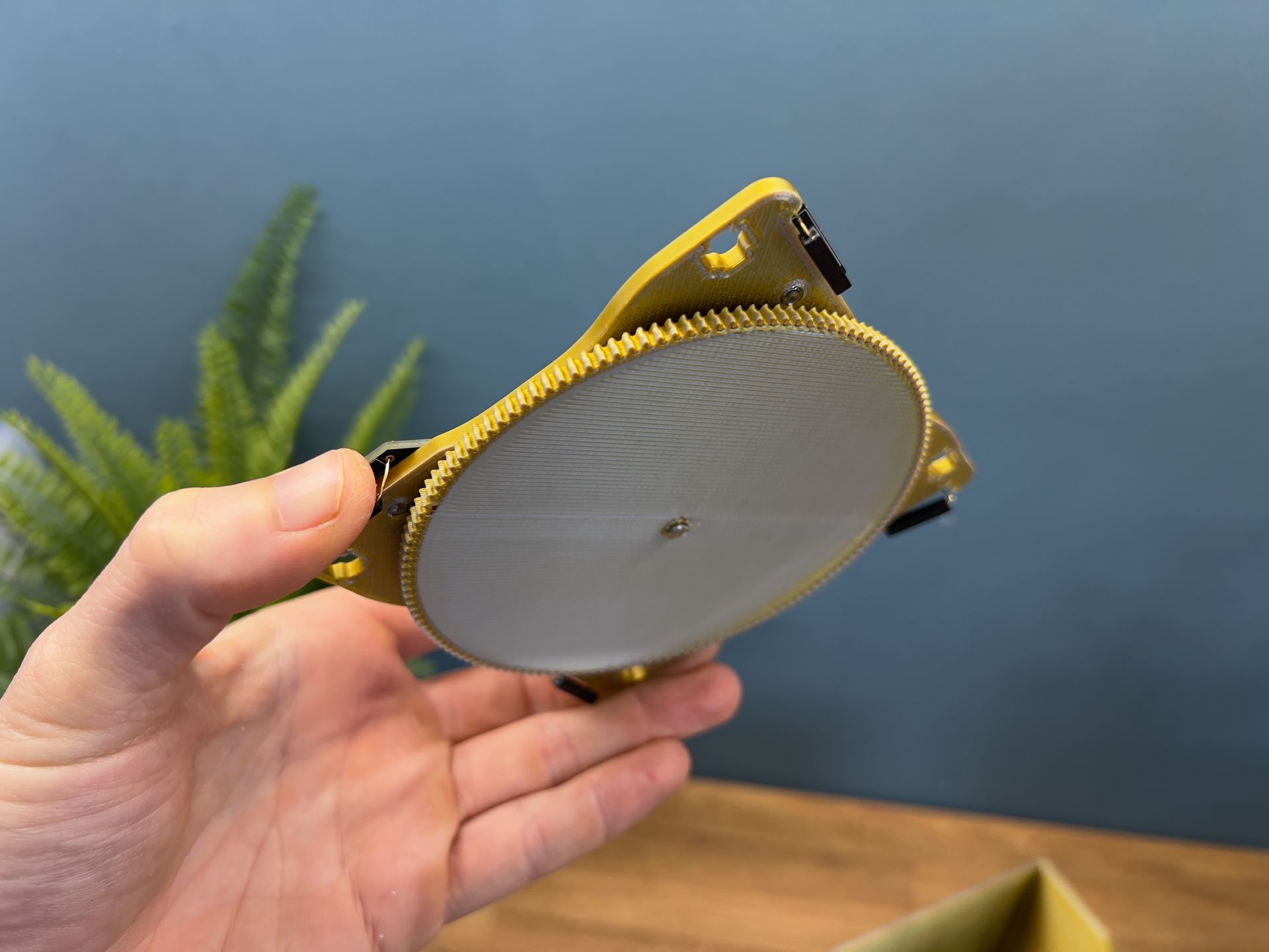 A person holding a circular, 3D-printed gear assembly with a textured white center and gold trim against a blue wall.