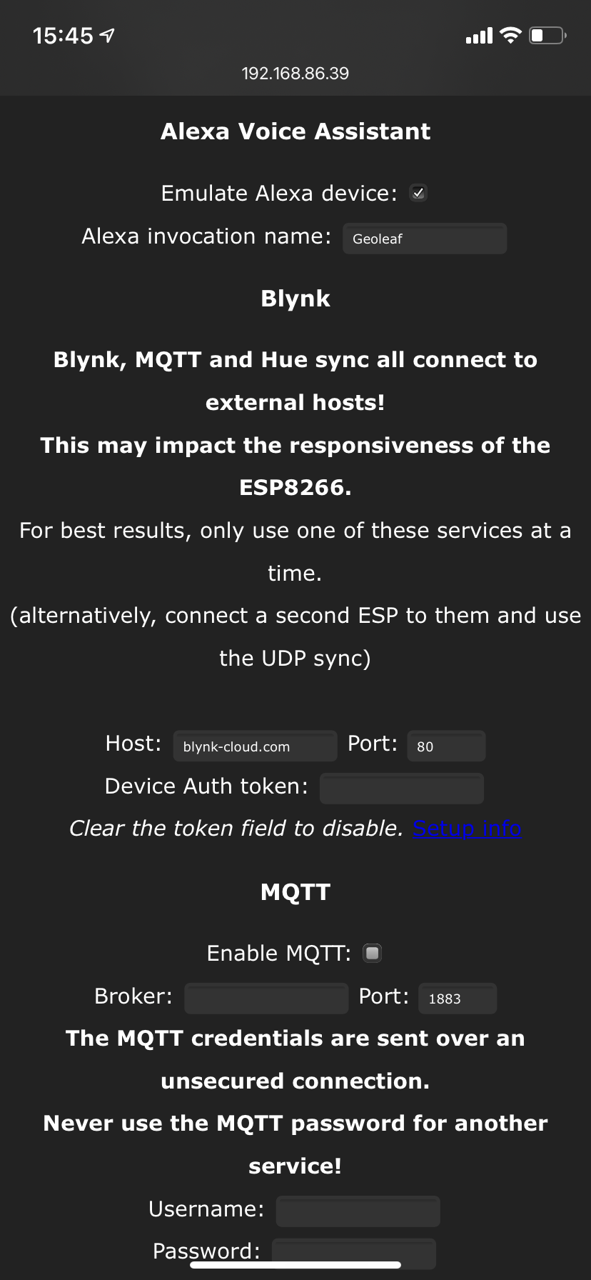 Settings menu for a smart device, showing configuration options for Alexa, MQTT, and Hue voice assistant integrations.
