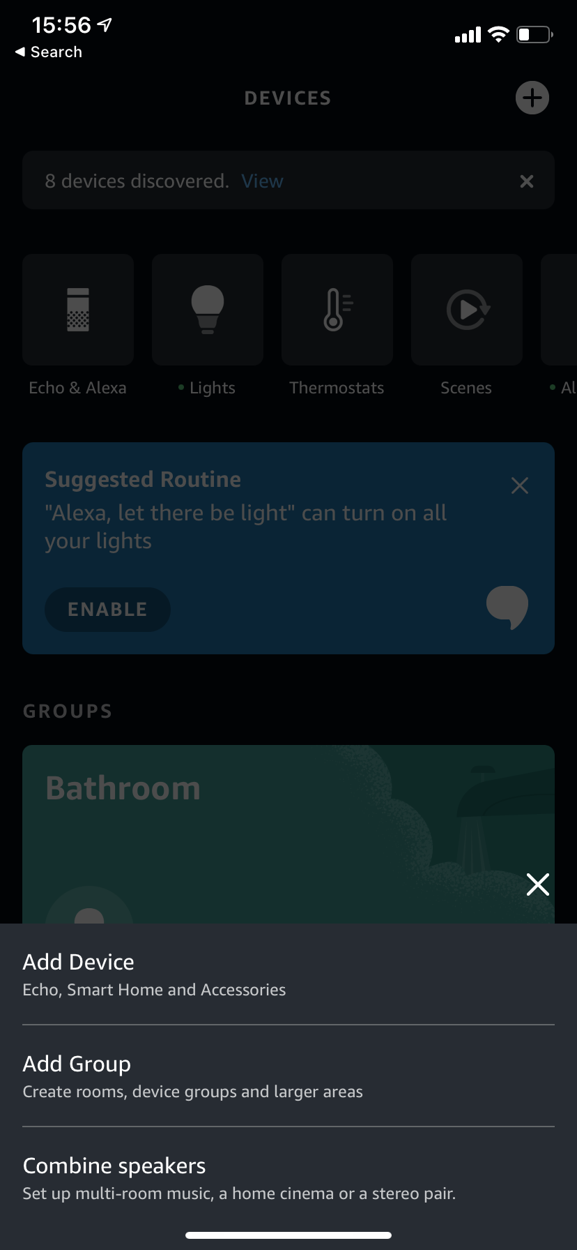 A dark-mode smart home control app screen showing a room list, a 