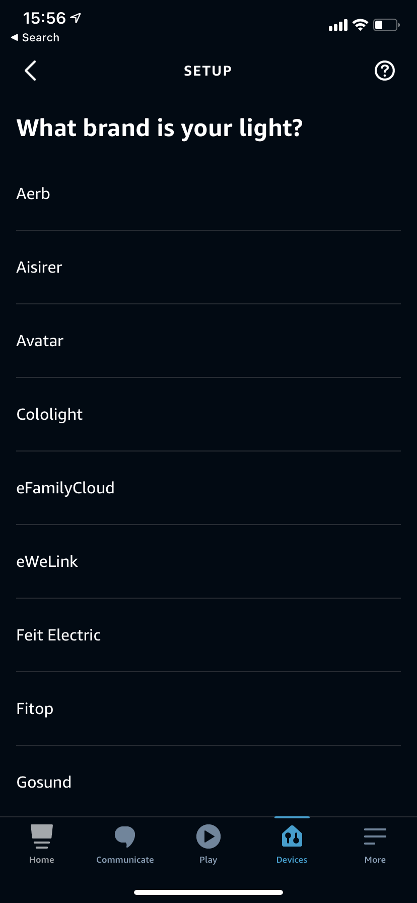 Smartphone screen showing a setup prompt asking to select a light brand from a list of options.
