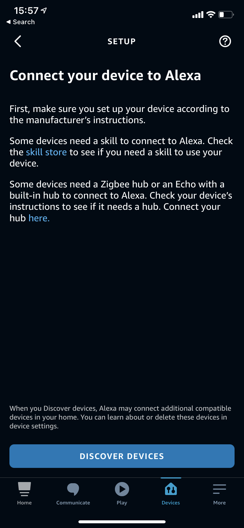 An Amazon Alexa setup screen asking to link a device, with instructions and a blue 