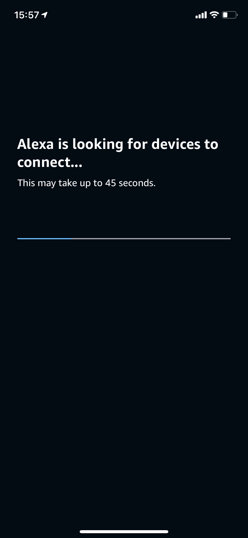 Alexa app screen with white text stating 