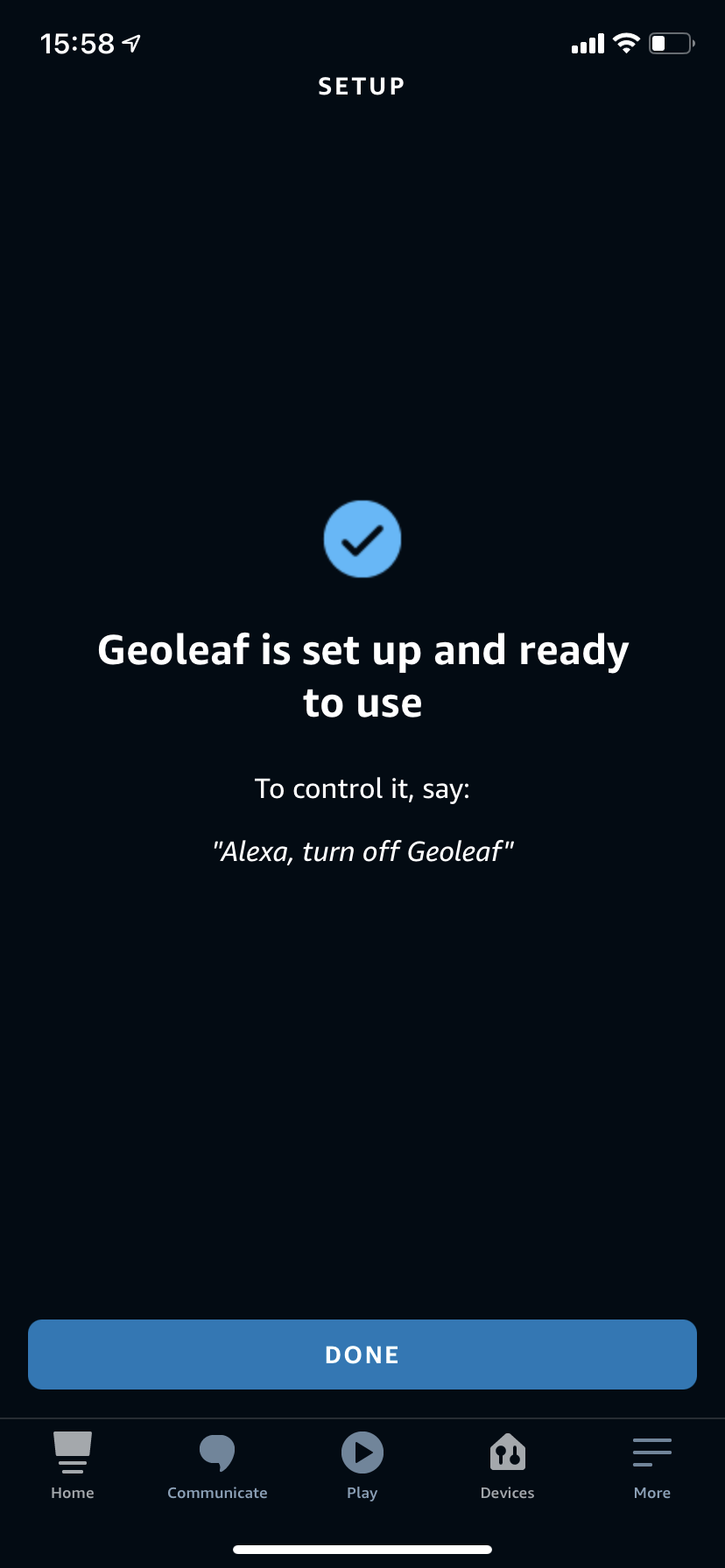 A screen showing a checkmark icon with the text 