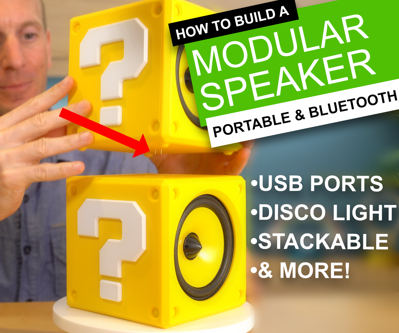 A person stacks yellow, question-mark-patterned speaker cubes. Text reads: How to build a modular speaker, portable & more.