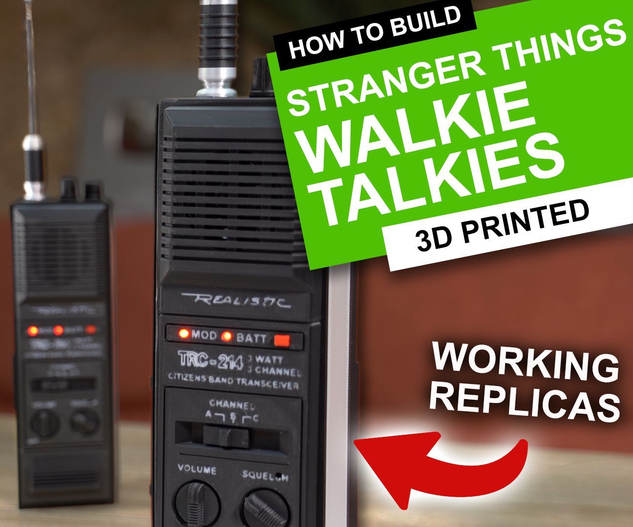 Two 3D-printed walkie-talkies inspired by Stranger Things, with text overlay promoting a build-your-own guide.