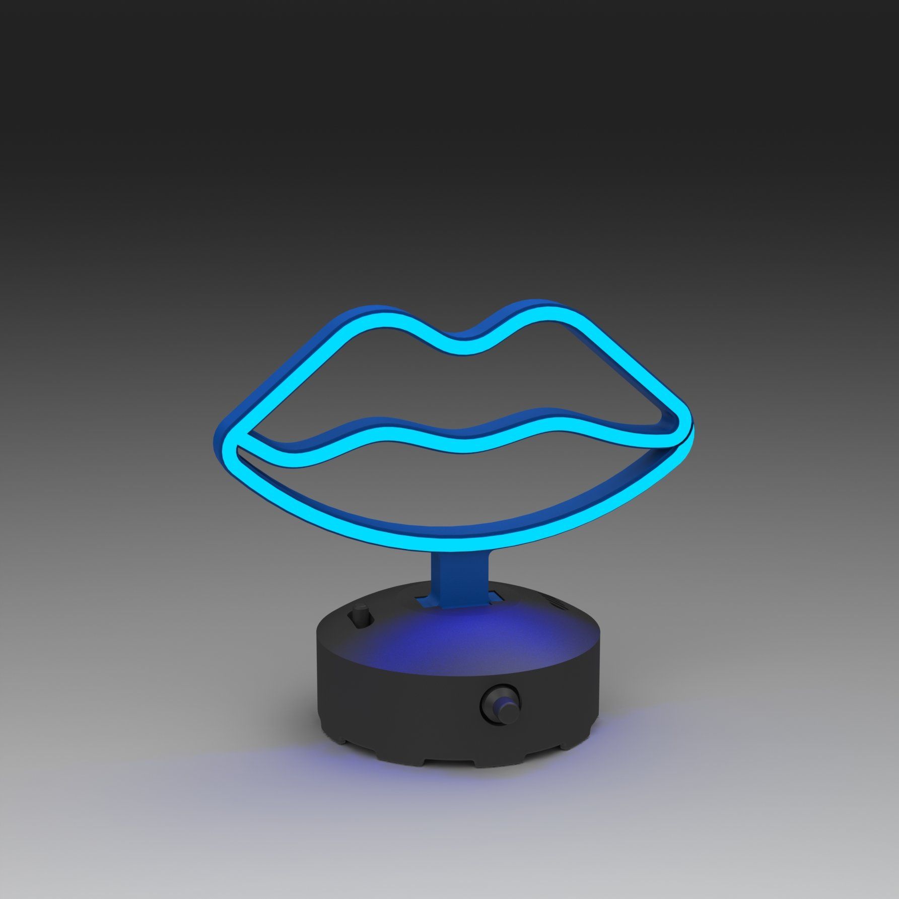 A glowing, blue neon-style lip-shaped light on a small, dark circular base against a gray background.