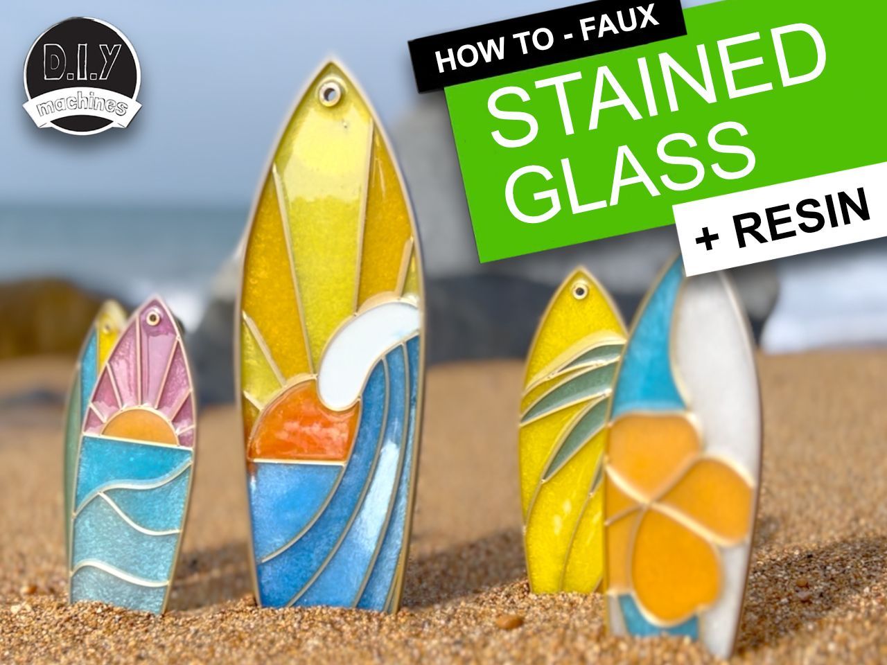 Four faux stained glass surfboard decorations stand upright in the sand at a beach, with a DIY project title overlay.