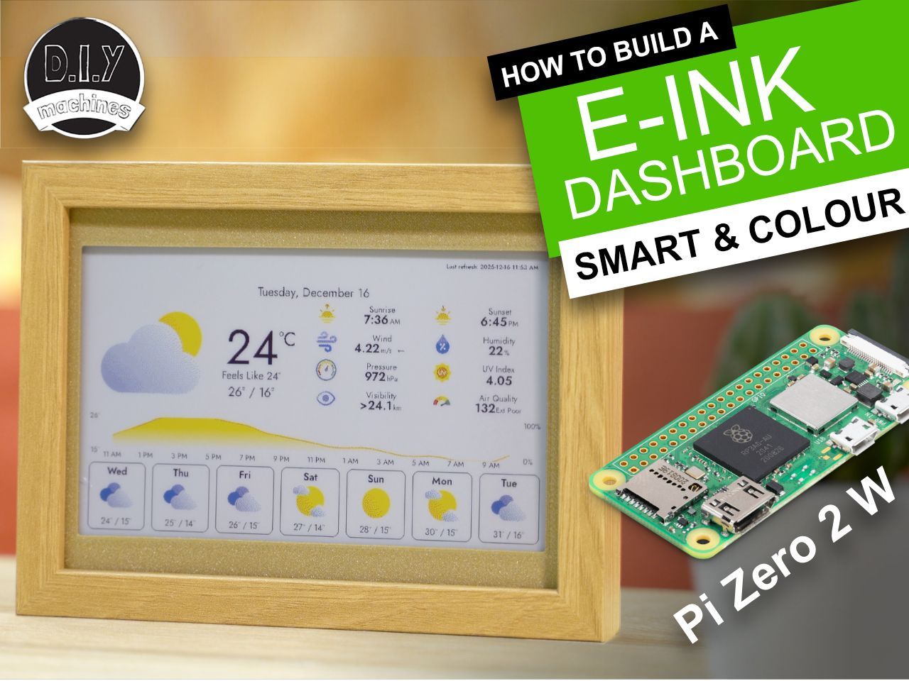 A wooden-framed color E-Ink weather dashboard next to a Raspberry Pi Zero 2 W board against a soft-focus background.
