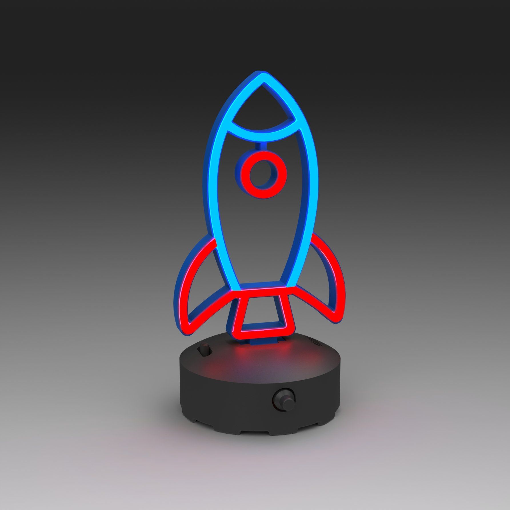 A rocket-shaped neon light with a blue outline, red accents, and a circular red porthole, mounted on a black circular base.