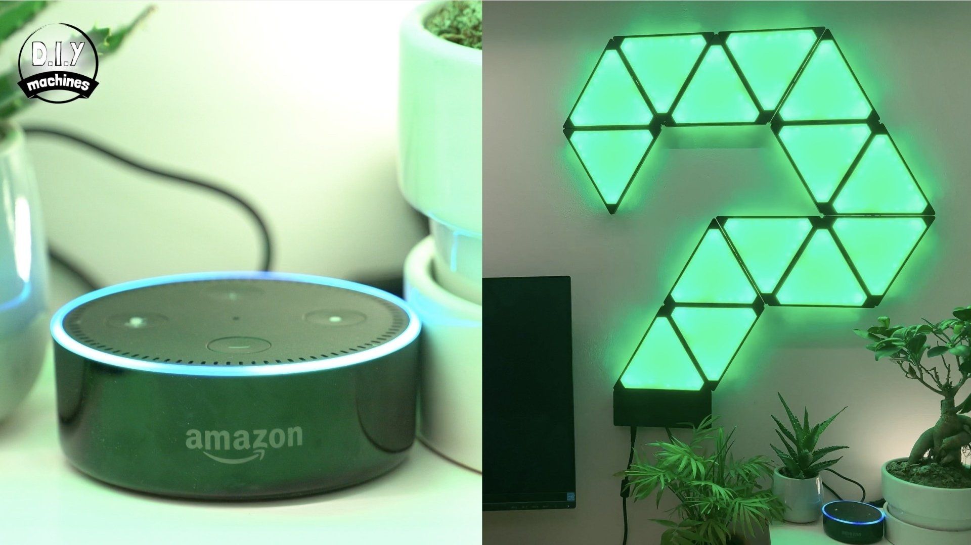 An Amazon Echo device sits next to wall-mounted, triangular green LED light panels in a home office setting.