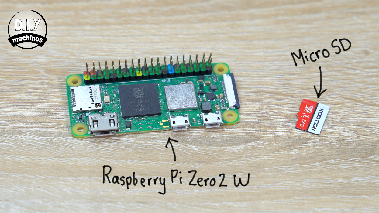 A green Raspberry Pi Zero 2 W circuit board and a small red micro SD card placed on a light-colored wooden surface.