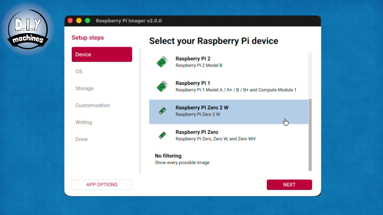 The Raspberry Pi Imager software shows a selection menu where