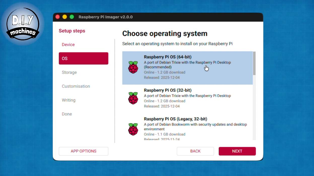 The Raspberry Pi Imager software interface showing the