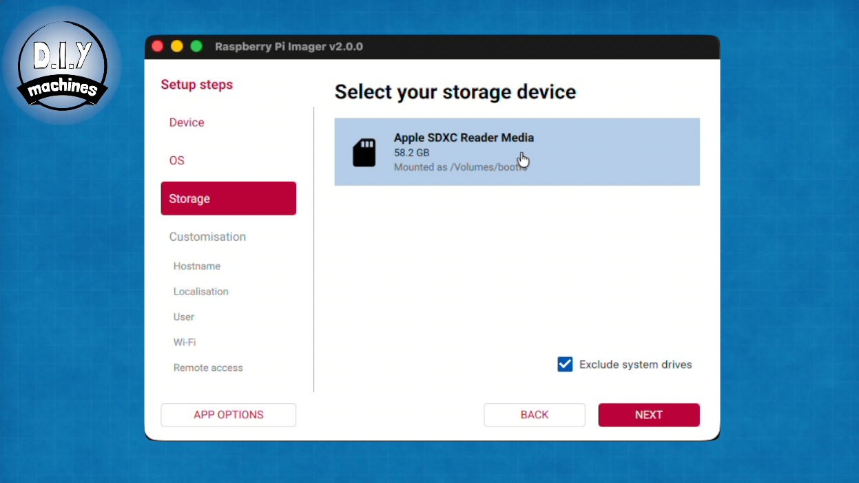 The Raspberry Pi Imager interface is open, showing a selected 31.2 GB storage device ready for setup.