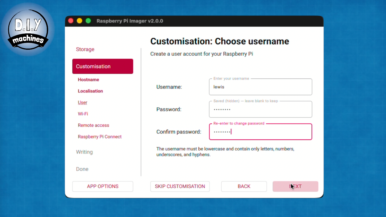 Raspberry Pi Imager screen prompting the user to create a username and password during the initial device setup process.