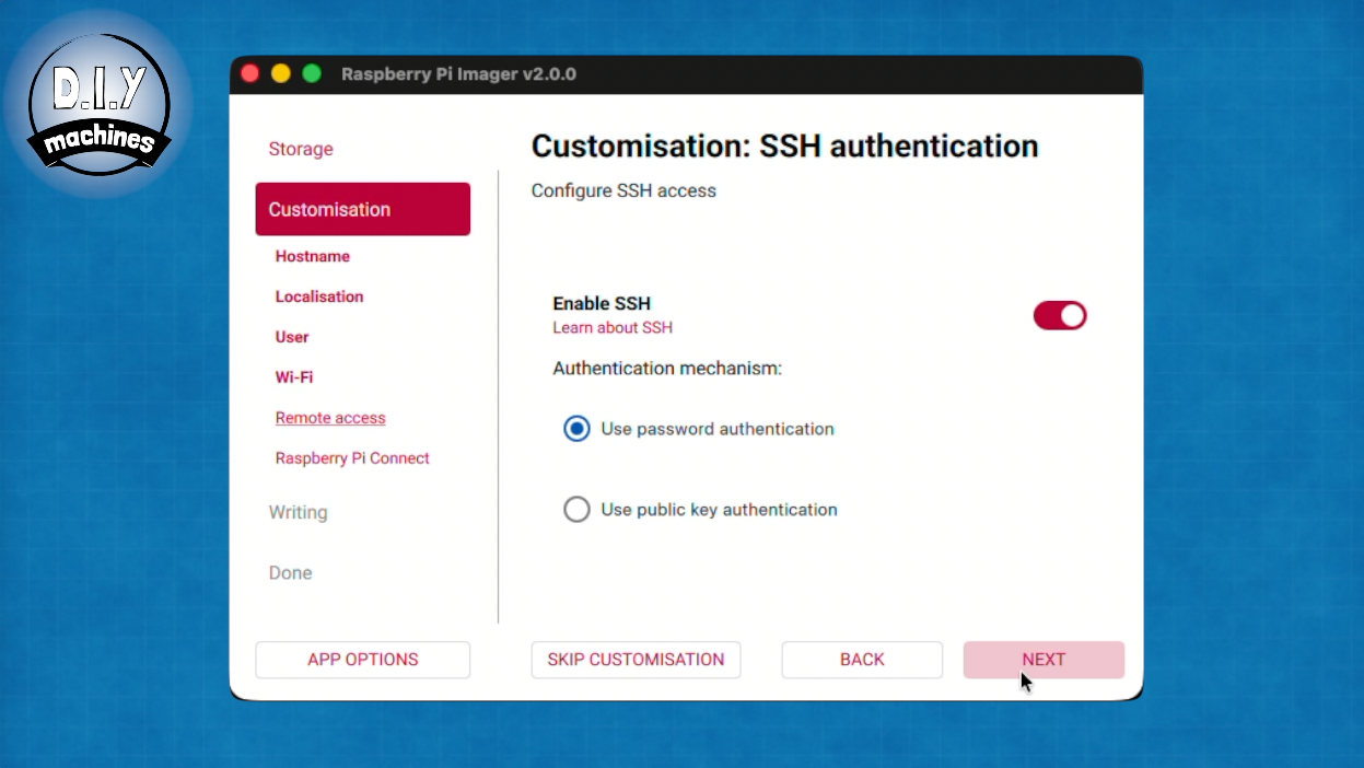Raspberry Pi Imager screen showing SSH authentication settings with the option to use public key authentication selected.