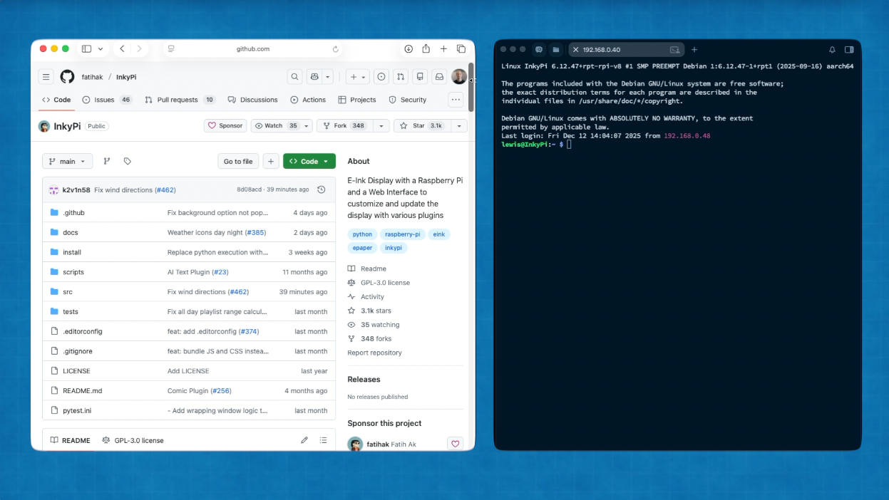 A split-screen view showing a GitHub repository page on the left and a terminal window with command-line text on the right.