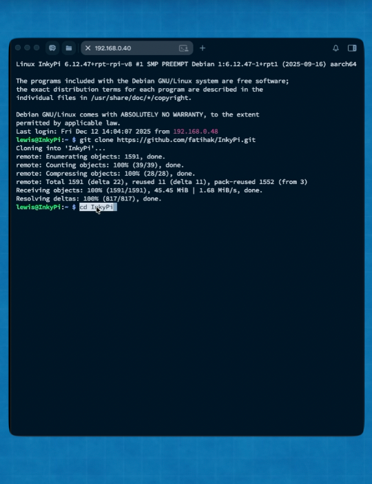 A terminal command line window showing a successful Git clone operation on a dark background.