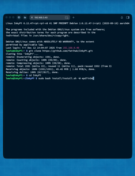 A terminal window showing a user running a shell script named install-pihole.sh from a directory called PiHole.