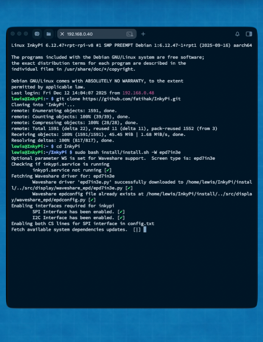 A dark terminal window on a computer screen displaying white and green command-line text during software installation.
