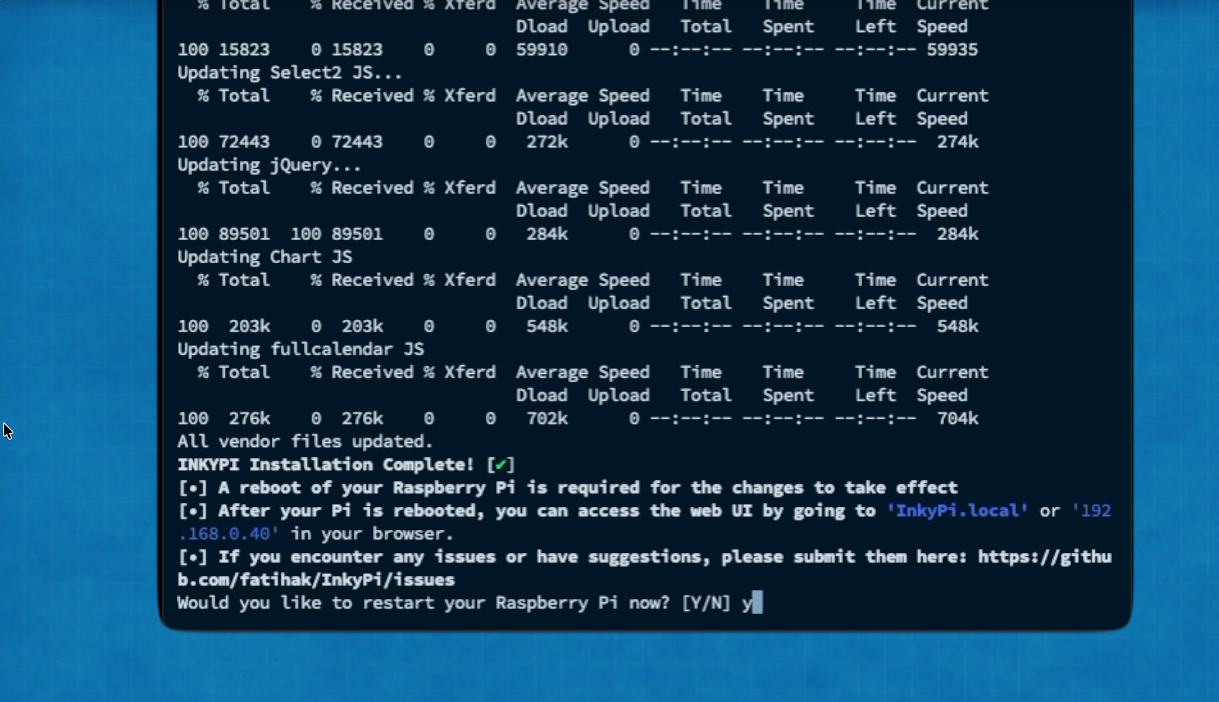 Terminal window showing a finished software installation on a Raspberry Pi, prompting for a system restart.