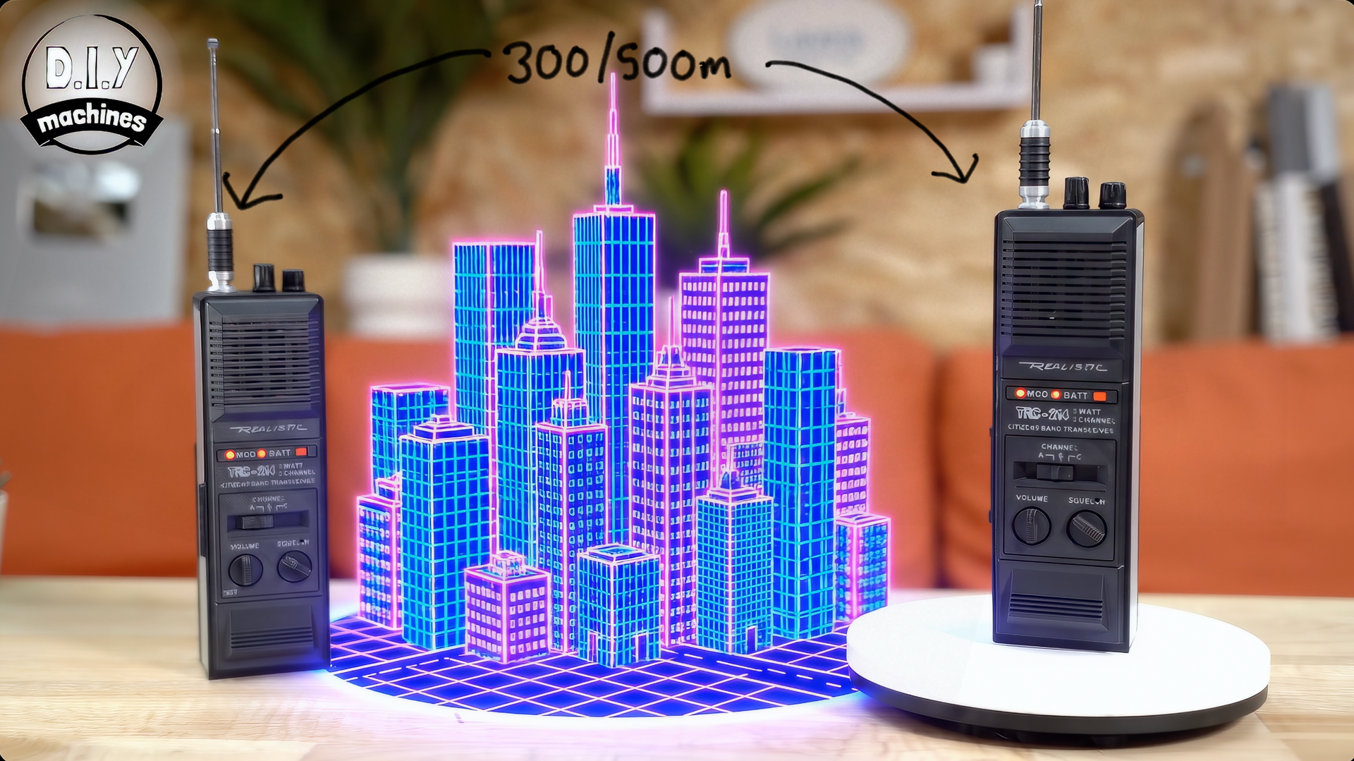 Two walkie-talkies stand on a wooden surface flanking a miniature, illuminated neon blue and purple model of a city skyline.