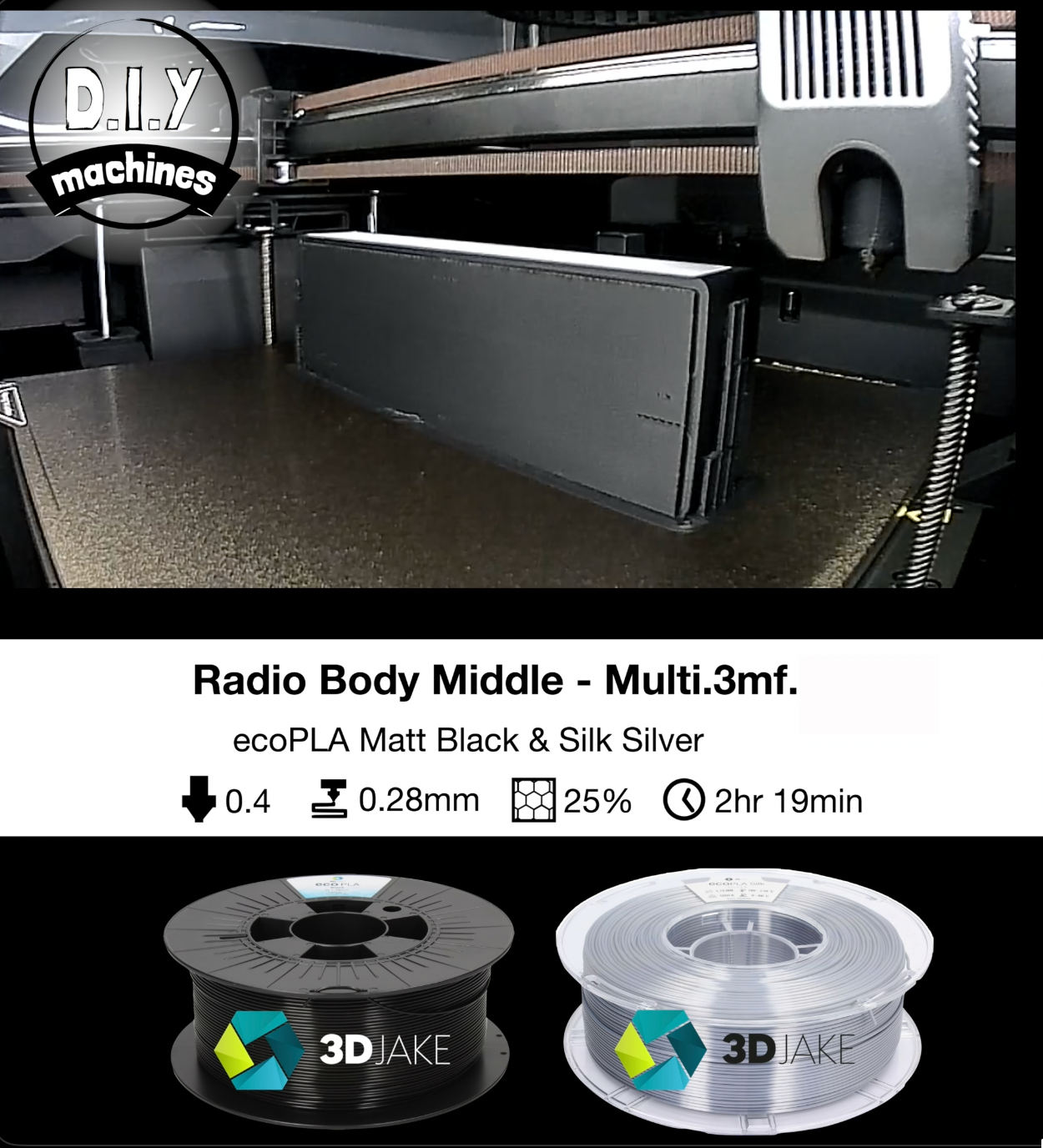 A 3D printer printing a black radio casing with settings listed below and two spools of black and silver filament.