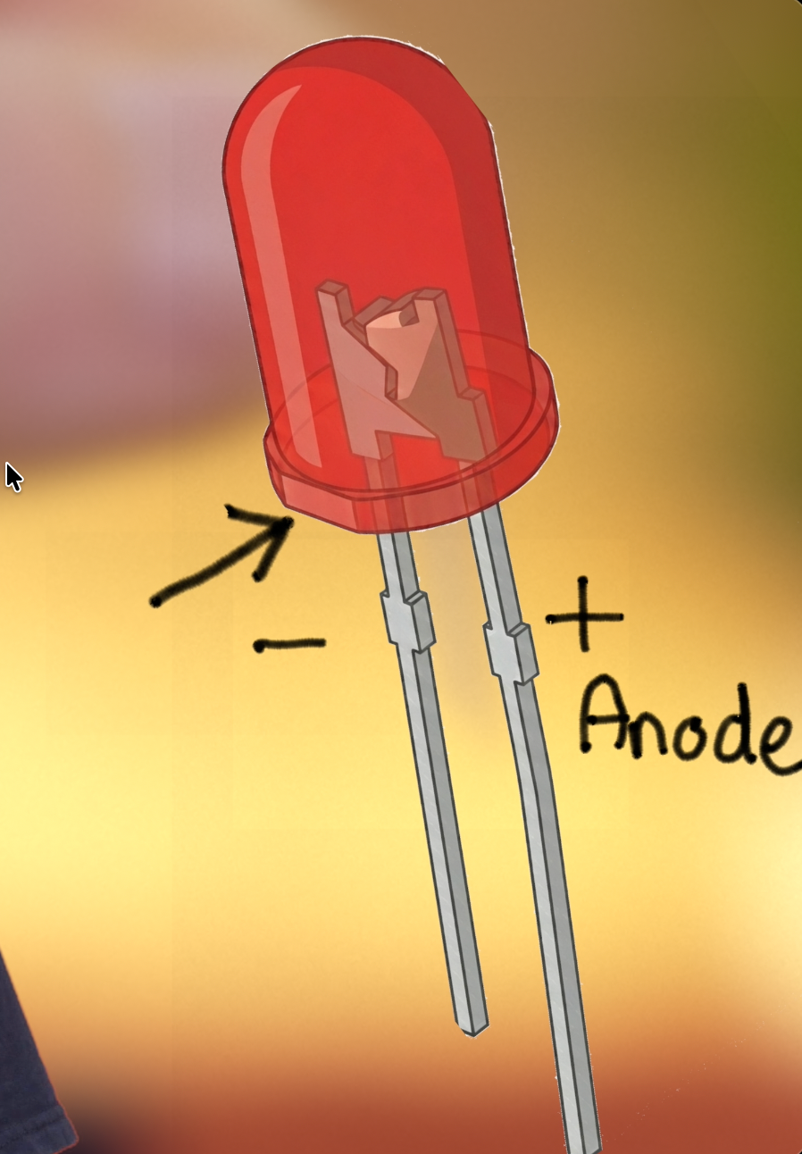 A red LED with two metal leads; a flat edge on one side denotes the negative pin, while the longer pin is the positive.