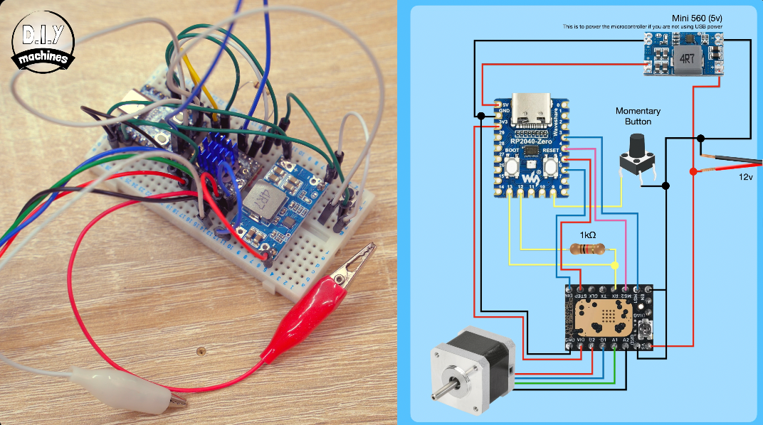 A breadboard circuit with a microcontroller, stepper motor, and power module alongside its corresponding wiring diagram.