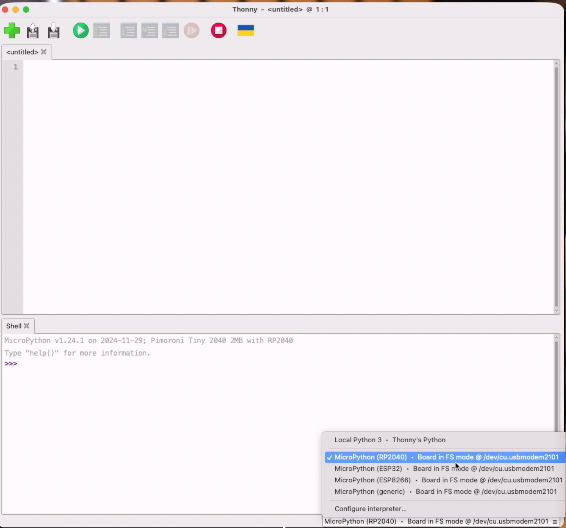 Thonny Python IDE window showing a MicroPython interpreter and a dropdown menu for selecting a hardware device port.