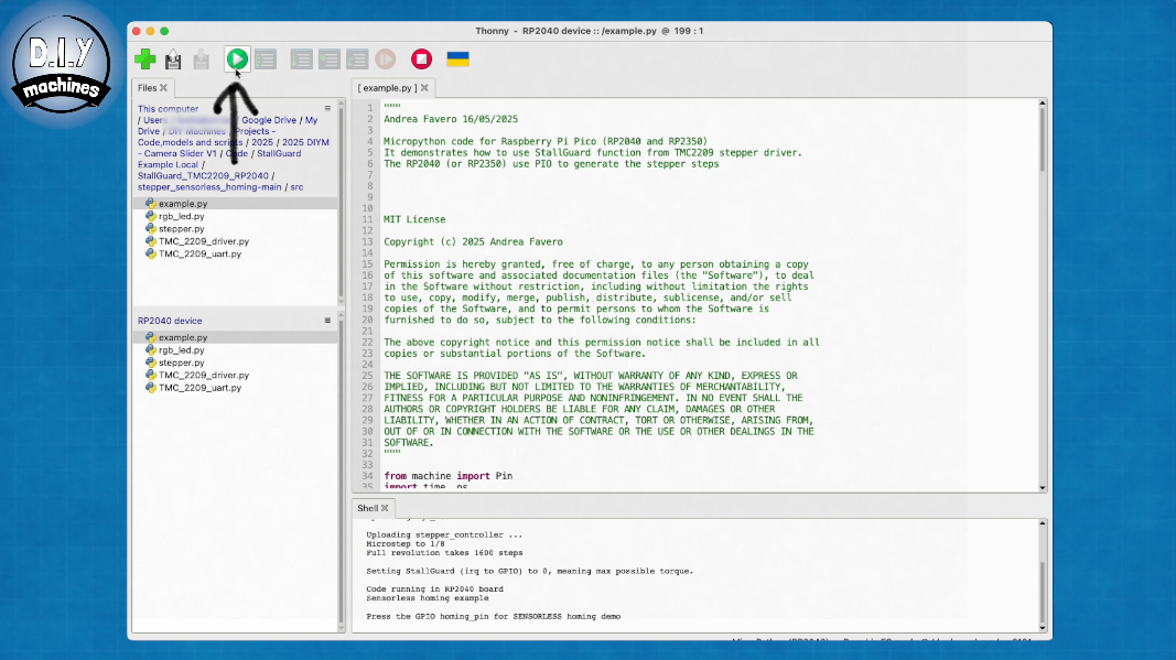 A software interface showing a code editor window with a green play icon highlighted by an arrow.