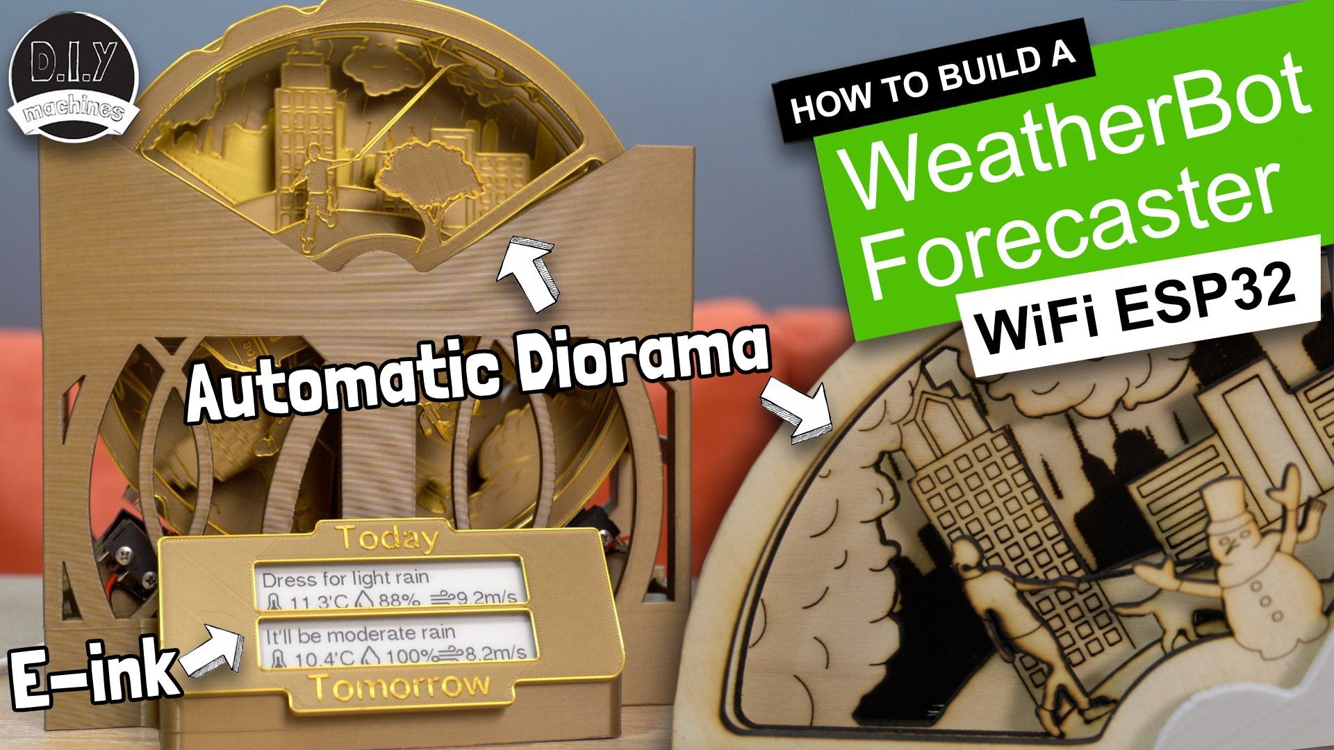 A wooden, laser-cut diorama next to a sign for a DIY ESP32 WiFi-enabled weather forecaster with an e-ink display.