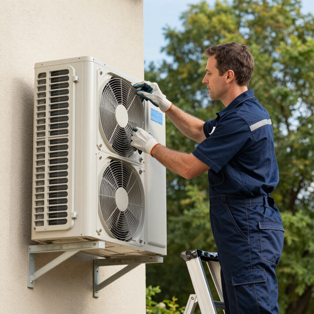 Modern AC unit outside a Palm Beach Gardens home with palm trees and a screened-in patio.
