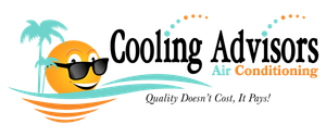 Logo for Cooling Advisors Air Conditioning, featuring a smiling sun wearing sunglasses, palm tree, and tagline "Quality Doesn't Cost, It Pays!"