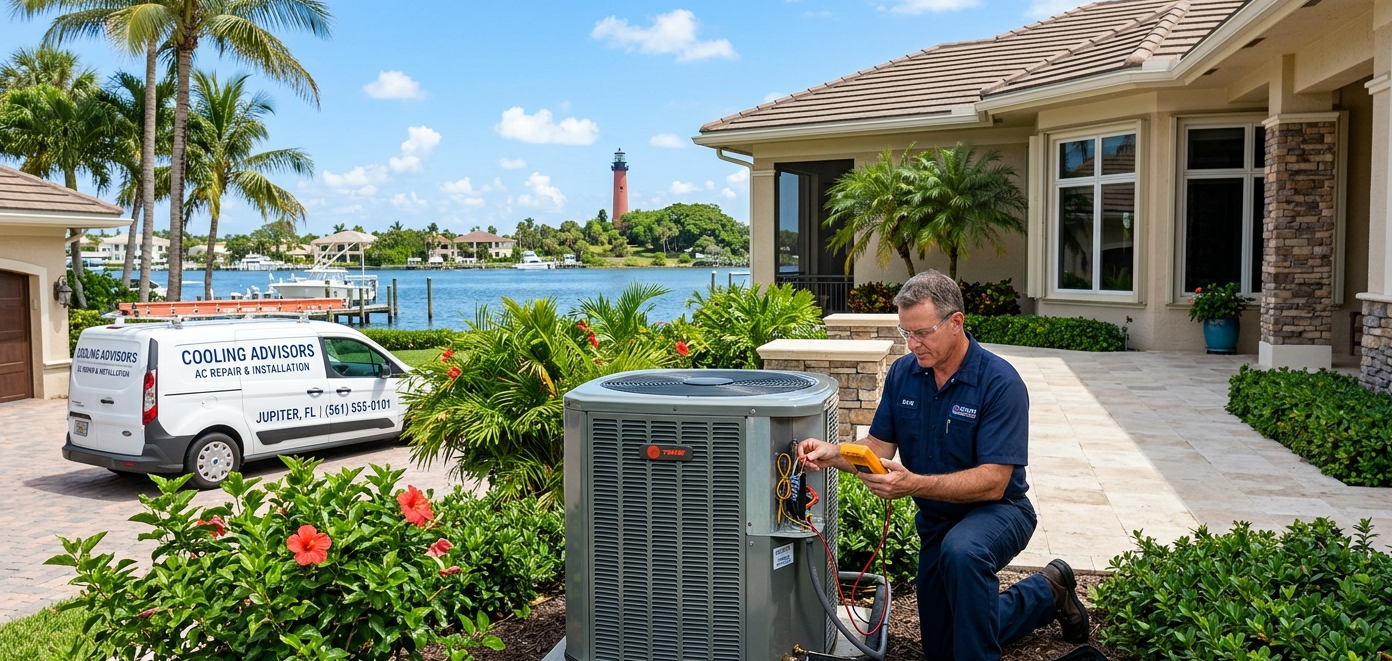 Professional HVAC technician providing AC repair and installation services in Jupiter, FL, next to a branded Cooling Advisors service van.