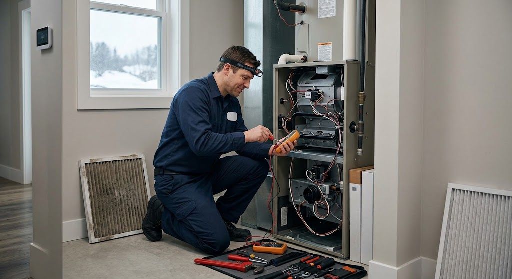 Technician inspecting home furnace for heater repair guide