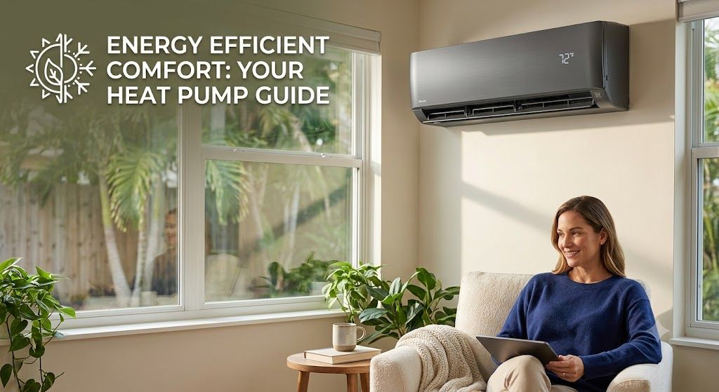 Woman relaxing under an energy-efficient ductless mini-split heat pump in a modern living room.