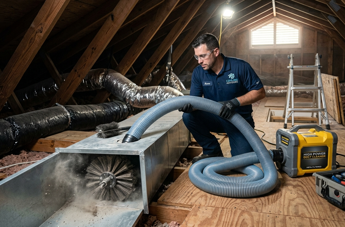 Professional technician using high-powered vacuum equipment for HVAC air duct cleaning.