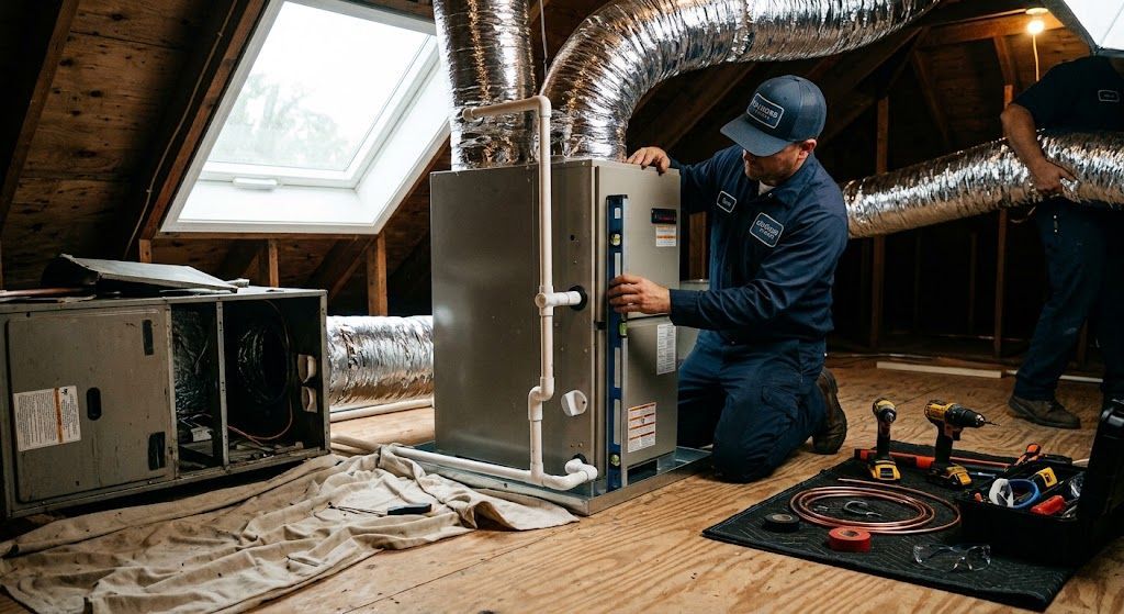 Professional HVAC installation technician securing indoor unit ductwork for home energy efficiency